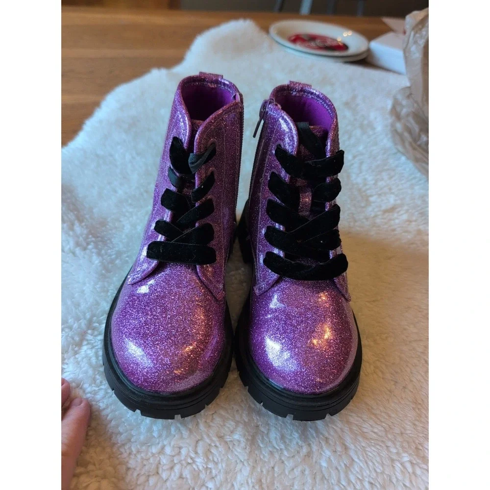 K Komforme‎ Girls' Purple Glitter Ankle  Boots Sz 12 Lace Up Waterproof Combat